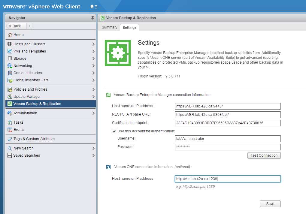 Setting up Veeam ONE in the web client plug-in